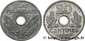 FRENCH STATE
Type : Essai de 20 centimes État français 
Date : 1941 
Mint name / Town : Paris 
Metal : zinc 
Diameter : 24,47  mm
Orientation dies : 6...
