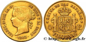 PHILIPPINES - ISABELLA II OF SPAIN
Type : 4 Pesos 
Date : 1865 
Quantity minted : 36000 
Metal : gold 
Millesimal fineness : 875  ‰
Diameter : 21  mm
...