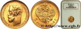 RUSSIA - NICHOLAS II
Type : 5 Roubles 
Date : 1902 
Mint name / Town : Saint-Petersbourg 
Quantity minted : 7500013 
Metal : gold 
Millesimal fineness...