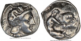 CALABRIA. Tarentum. Ca. 380-280 BC. AR diobol (12mm, 4h). NGC Choice VF. Ca. 325-280 BC. Head of Athena right, wearing crested Attic helmet decorated ...