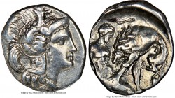 CALABRIA. Tarentum. Ca. 380-280 BC. AR diobol (12mm, 12h). NGC Choice VF. Ca. 325-280 BC. Head of Athena right, wearing crested Attic helmet decorated...