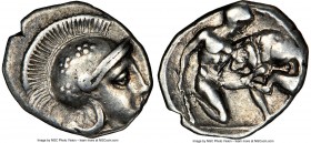 CALABRIA. Tarentum. Ca. 380-280 BC. AR diobol (12mm, 7h). NGC VF, test cuts. Ca. 325-280 BC. Head of Athena right, wearing crested Attic helmet decora...