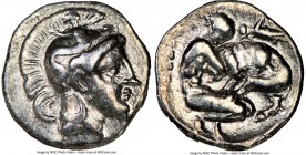 CALABRIA. Tarentum. Ca. 380-280 BC. AR diobol (12mm, 1h). NGC VF. Ca. 325-280 BC. Head of Athena right, wearing crested Attic helmet decorated with fi...