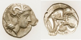 CALABRIA. Tarentum. Ca. 380-280 BC. AR diobol (12mm, 1.12 gm, 4h). Choice XF. Ca. 325-280 BC. Head of Athena right, wearing crested Attic helmet decor...