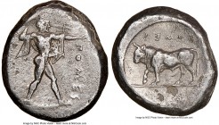 LUCANIA. Poseidonia. Ca. 470-420 BC. AR stater (19mm, 8h). NGC VF, brushed. ΠΟΣEΣ, Poseidon striding right, nude but for chlamys spread across shoulde...