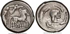 SICILY. Syracuse. Deinomenid Tyranny, Gelon I (ca. 480-475 BC). AR tetradrachm (25mm, 17.41 gm, 3h). NGC Choice Fine 5/5 - 3/5, graffito. Charioteer d...