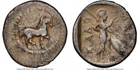 THESSALY. Pharcadon. Ca. late 5th-early 4th centuries BC. AR obol (13mm, 6h). NGC VF. Horse prancing right / ΦΑΡ-ΚΑΔO, Athena standing right, transver...