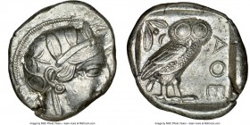ATTICA. Athens. Ca. 440-404 BC. AR tetradrachm (25mm, 17.20 gm, 1h). NGC Choice AU 2/5 - 4/5. Mid-mass coinage issue. Head of Athena right, wearing cr...