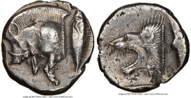 MYSIA. Cyzicus. Ca. 5th century BC. AR diobol(?) (10mm, 2h). NGC AU. Forepart of boar left, tunny upward behind / Head of roaring lion left within squ...