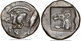 MYSIA. Cyzicus. Ca. 5th century BC. AR diobol(?) (11mm, 2h). NGC XF. Forepart of boar left, tunny upward behind / Head of roaring lion left within squ...