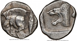 MYSIA. Cyzicus. Ca. 5th century BC. AR diobol(?) (12mm, 6h). NGC XF. Forepart of boar left, tunny upward behind / Head of roaring lion left within squ...