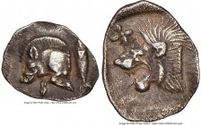 MYSIA. Cyzicus. Ca. 5th century BC. AR hemiobol(?) (10mm, 9h). NGC XF, edge bend. Forepart of boar left, tunny upward behind / Head of lion left; star...