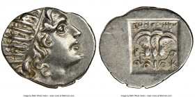 CARIAN ISLANDS. Rhodes. Ca. 88-84 BC. AR drachm (17mm, 12h). NGC Choice AU. 'Plinthophoric' coinage, Menodorus, magistrate. Radiate head of Helios rig...