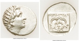 CARIAN ISLANDS. Rhodes. Ca. 88-84 BC. AR drachm (17mm, 2.72 gm, 1h). AU. Plinthophoric standard, Nicagoras, magistrate. Radiate head of Helios right /...