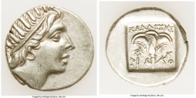 CARIAN ISLANDS. Rhodes. Ca. 88-84 BC. AR drachm (16mm, 2.76 gm, 12h). XF. Plinthophoric standard, Callixei(nos), magistrate. Radiate head of Helios ri...