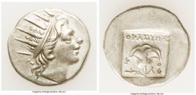 CARIAN ISLANDS. Rhodes. Ca. 88-84 BC. AR drachm (16mm, 2.94 gm, 12h). XF. Plinthophoric standard, Thrasymedes, magistrate. Radiate head of Helios righ...