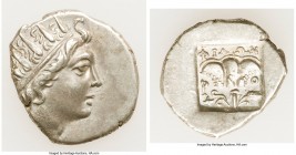 CARIAN ISLANDS. Rhodes. Ca. 88-84 BC. AR drachm (16mm, 2.16 gm, 11h). About XF. Plinthophoric standard, Philon, magistrate. Radiate head of Helios rig...
