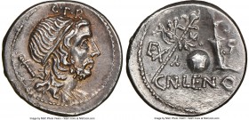Cn. Cornelius Lentulus (ca. 76-75 BC). AR denarius (19mm, 6h). NGC Choice XF, scratches. Uncertain mint in Spain. G•P•R, diademed and draped bust of b...