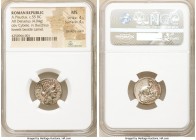 A. Plautius Hypsaeus, as Curule Aedile (ca. 55 BC). AR denarius (mm, 4.04 gm, 11h). NGC MS 4/5 - 4/5, bankers mark. Rome. A•PLAVTIVS-AED•CVR•S•C, turr...