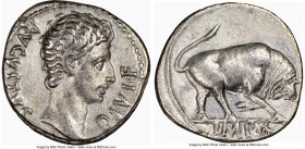 Augustus (27 BC-AD 14). AR denarius (19mm, 3.53 gm, 5h). NGC Choice XF 5/5 - 2/5. Lugdunum, ca. 15-13 BC. AVGVSTVS-DIVI•F, bare head of Augustus right...