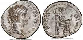 Tiberius (AD 14-37). AR denarius (19mm, 3.69 gm, 10h). NGC AU 4/5 - 3/5, brushed. Lugdunum, AD 18-35. TI CAESAR DIVI-AVG F AVGVSTVS, laureate head of ...