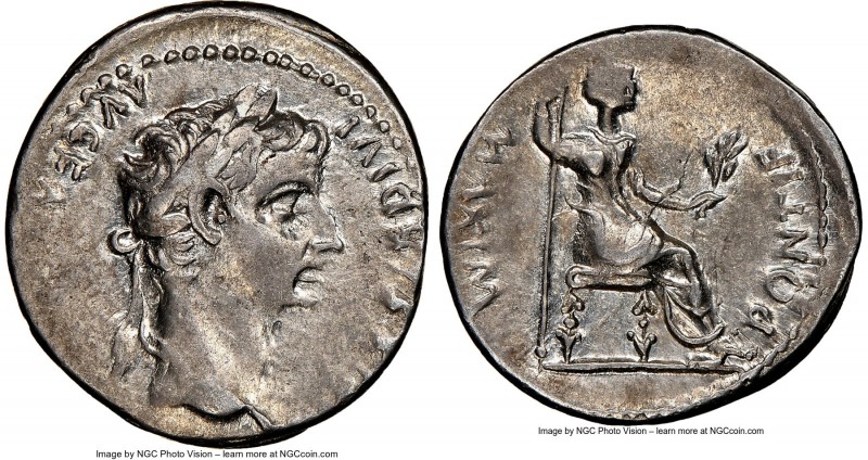 Tiberius (AD 14-37). AR denarius (19mm, 4h). NGC XF. Lugdunum, AD 18-35. TI CAES...