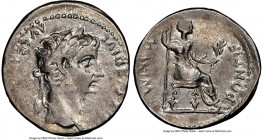 Tiberius (AD 14-37). AR denarius (19mm, 4h). NGC XF. Lugdunum, AD 18-35. TI CAESAR DIVI-AVG F AVGVSTVS, laureate head of Tiberius right / PONTIF-MAXIM...