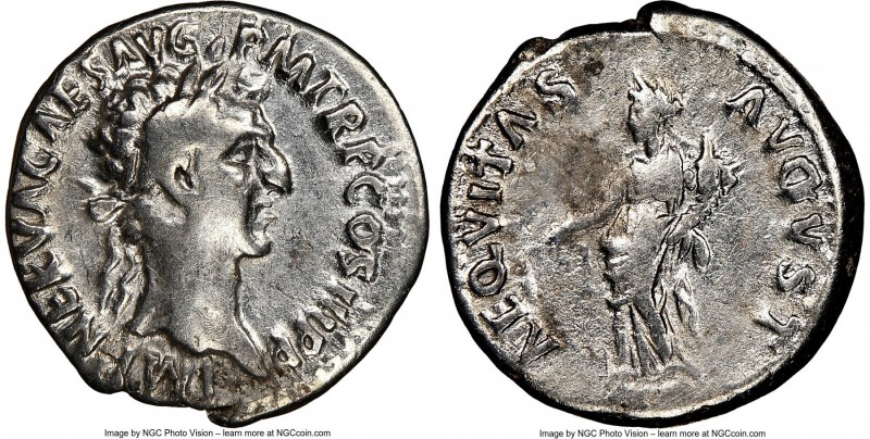 Nerva (AD 96-98). AR denarius (18mm, 6h). NGC Fine, brushed. Rome, AD 97. IMP NE...