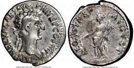 Nerva (AD 96-98). AR denarius (18mm, 6h). NGC Fine, brushed. Rome, AD 97. IMP NERVA CAES AVG-P M TR P COS III P P, laureate head of Nerva right / AEQV...