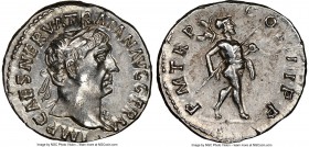Trajan (AD 98-117). AR denarius (18mm, 6h). NGC AU. Rome, AD 101-102. IMP CAES NERVA TRAIAN AVG GERM, laureate bust of Trajan right, with slight drape...