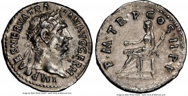 Trajan (AD 98-117). AR denarius (19mm, 6h). NGC XF, scratches. Rome, AD 98-99. IMP CAES NERVA TRAIAN AVG GERM, laureate head of Trajan right / P•M•TR•...