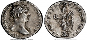 Trajan (AD 98-117). AR denarius (19mm, 6h). NGC Choice VF. Rome, AD 103-111. IMP TRAIANO AVG GER DAC P M TR P, laureate head of Trajan right / COS V P...