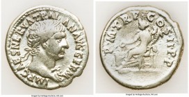 Trajan (AD 98-117). AR denarius (20mm, 3.29 gm, 6h). Choice Fine. Rome, AD 98-99MP CAES NERVA TRAIAN AVG GERM, laureate head of Trajan right / P M TR ...