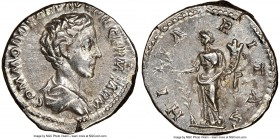 Commodus, as Caesar (AD 177-192). AR denarius (19mm, 5h). NGC XF, scuff. Rome AD 186-187. COMMODO CAES AVG FIL GERM SARM, laureate head of Commodus ri...
