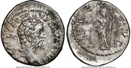 Septimius Severus (AD 193-211). AR denarius (18mm, 1h). NGC AU, brushed. Emesa, AD 194-195. IMP CAE L SEP SEV PERT AVG COS II, laureate head of Septim...