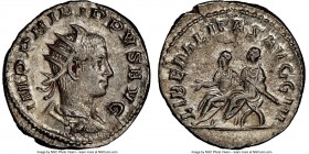 Philip II (AD 247-249). AR antoninianus (22mm, 4.21 gm, 6h). NGC MS 5/5 - 3/5. Rome. IMP PHILIPPVS AVG, radiate, draped and cuirassed bust of Philip I...