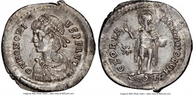 Honorius (AD 393-423). AR light miliarensis (24mm, 4.31 gm, 5h). NGC (photo-certificate) Choice AU 3/5 - 1/3, damage, flan flaws. Constantinople, ca. ...