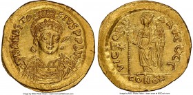 Anastasius I (AD 491-518). AV solidus (20mm, 4.43 gm, 6h). NGC MS 5/5 - 3/5, scratches, clipped. Constantinople, 3rd officina. D N ANASTA-SIVS PP AVG,...