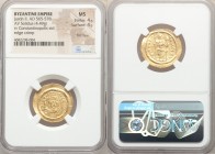 Justin II (AD 565-578). AV solidus (22mm, 4.49 gm, 6h). NGC MS 4/5 - 4/5, flan flaw, edge crimp. Constantinople, 2nd officina. D N I-VSTI-NVS PP AVG, ...