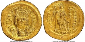 Justin II (AD 565-578). AV solidus (21mm, 4.30 gm, 7h). NGC AU, wrinkled, clipped, brushed, marks. Constantinople, 10th officina. D N I-VSTI-NVS PP AV...