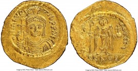 Maurice Tiberius (AD 582-602). AV solidus (22mm, 4.45 gm, 6h). NGC MS 4/5 - 2/5, graffito, clipped, edge cut. Constantinople, 10th officina, AD 582-58...