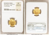 Maurice Tiberius (AD 582-602). AV tremissis (18mm, 1.48 gm, 6h). NGC MS 4/5 - 4/5. Constantinople, ca. AD 583-602. D N TIbЄ-RI P P AVG, pearl-diademed...