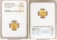 Maurice Tiberius (AD 582-602). AV tremissis (16mm, 1.50 gm, 7h). NGC MS 4/5 - 4/5. Constantinople, ca. AD 583-602. D N TIbЄ-RI P P AVG, pearl-diademed...