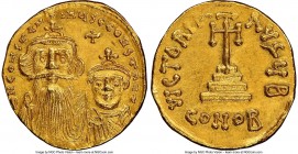 Constans II Pogonatus (AD 641-668), and Constantine IV. AV solidus (20mm, 4.40 gm, 7h). NGC MS 5/5 - 4/5, brushed, clipped. Constantinople, 2nd offici...