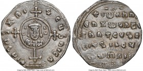 John I Tzimisces (AD 969-976). AR miliaresion (20mm, 6h). NGC Choice VF, brushed, clipped, die shift. Constantinopolis. + IhSЧS XRI-STЧS nICA *, cross...