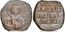 Anonymous. Class A3. Time of Basil II and Constantine VIII (AD 1020-1028). AE follis (30mm, 6h). NGC Choice XF. Constantinople. +EMMA-NOVHΛ, bust of C...
