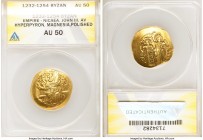 John III Ducas-Vatatzes (AD 1221/2-1254), Empire of Nicaea. AV hyperpyron (26mm, 5h). ANACS AU 50. Magnesia, ca. AD 1232. Christ seated facing on back...