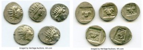 ANCIENT LOTS. Greek. Carian Islands. Rhodes. Ca. 88-84 BC. Lot of five (5) AR drachms. VF-XF. Includes: (5) Plinthophoric standard, AR drachms. Variou...