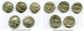ANCIENT LOTS. Greek. Carian Islands. Rhodes. Ca. 88-84 BC. Lot of five (5) AR drachms. VF-XF. Includes: (5) Plinthophoric standard, AR drachms. Variou...