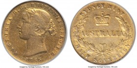 Victoria gold 1/2 Sovereign 1865-SYDNEY VF35 PCGS, Sydney mint, KM3. Mintage: 62,000. Lowest mintage date of series. Clear details and problem free. ...